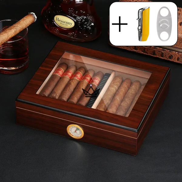 Cave à cigares JANGO — vitrée 20 cigares, cèdre espagnol & humidificateur