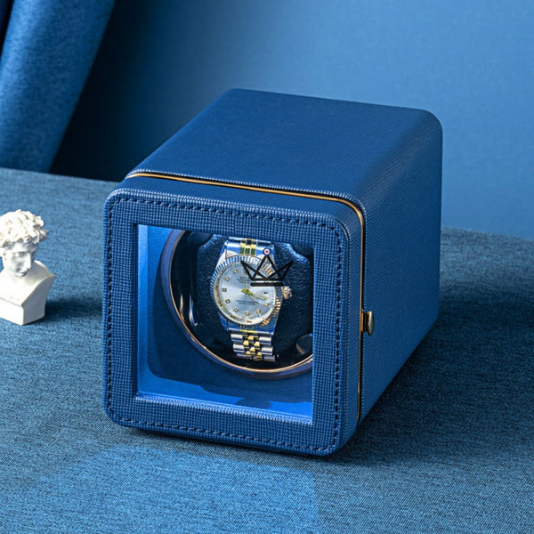 Remontoir Montre Automatique PRESTIGE ÉQUINOXE — Cuir PU, LED Bleu, 5 Modes, USB-C, Bleu Minuit