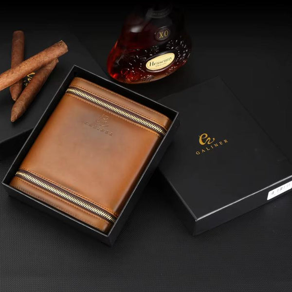 Etui de voyage cuir COHIBA ZIPY - 6 cigares portable luxe cadeau homme indispensable humidificateur inclus marron