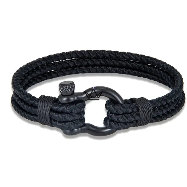 Geflochtenes Kordelarmband mit schwarzem Segelschäkel aus Edelstahl — BOSCO – 7/11