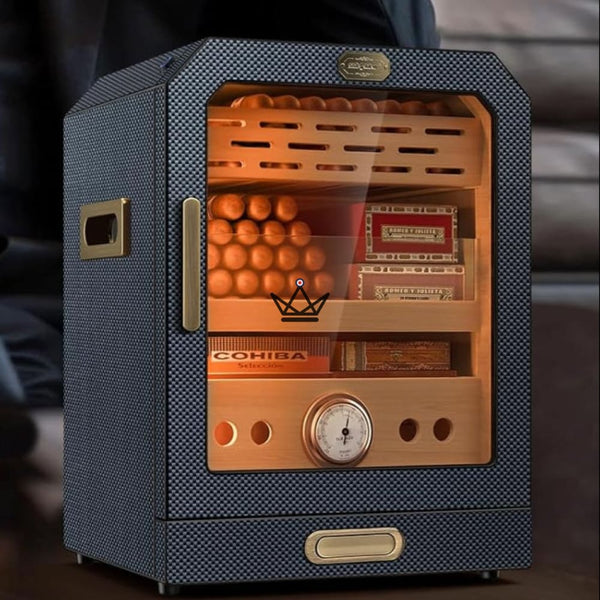 Cave à cigares Prestige Cedar Lux — cèdre, LED tactile, 100-150 cigares, tiroir vitré, 2 humidificateurs, hygromètre façade, Noyer ou Carbone – 3/15