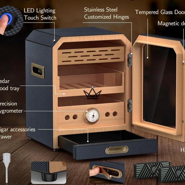 Cave à cigares Prestige Cedar Lux — cèdre, LED tactile, 100-150 cigares, tiroir vitré, 2 humidificateurs, hygromètre façade, Noyer ou Carbone – 10/15