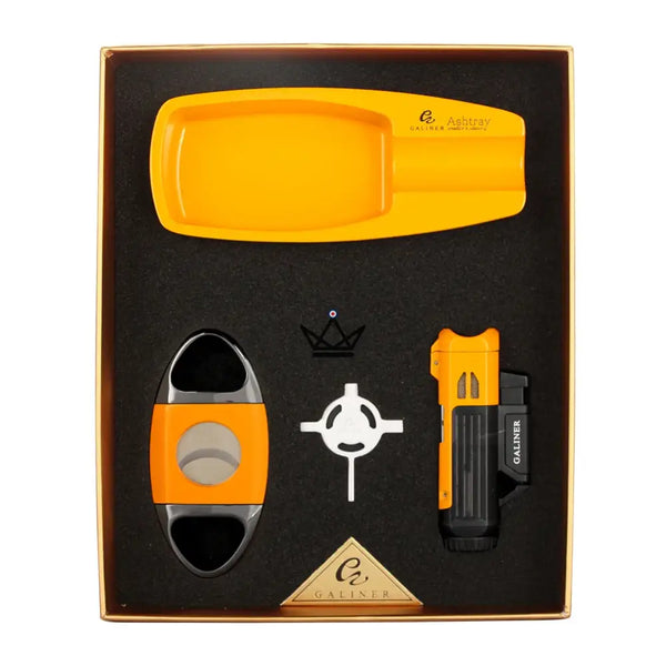 Zigarren-Set ALISTAIR — Feuerzeug Torch + Aschenbecher + Zigarrenschneider | Grün · Schwarz · Gelb, Flammendes Gelb / Stahl-Edition