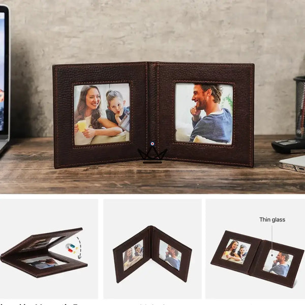 Personalisierbarer, aufklappbarer Leder-Doppelbilderrahmen — Voyageur SOUVENIR – 3/9