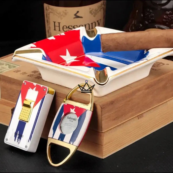 Pack Accessoires Cigare Luxe MAESTRO STARS — Cendrier Céramique + Briquet + Coupe | Finition Dorée, Libertad