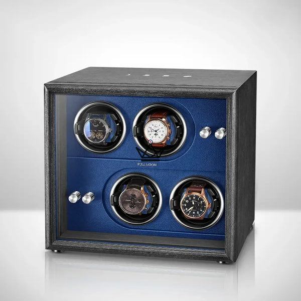 Uhrenbeweger Automatisch FULL MOON — Mondphasen, LED, Antimagnetisch, 2 oder 4 Uhren, 4 Stellplätze / Blau