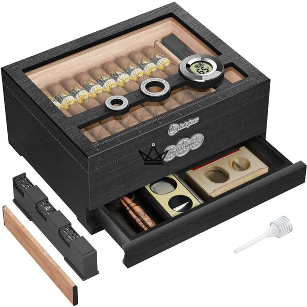 Cave à cigares Orbis Vault — cèdre espagnol, vitre, hygromètre digital & humidificateur gel, Onyx Edition