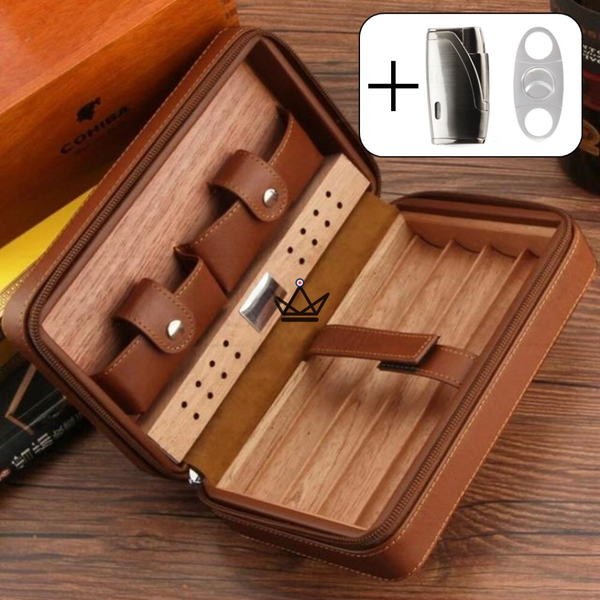 Cave à cigare de voyage en cuir - COHIBA STYLE avec briquet et coupe cigare pack portable luxe cadeau argent marron