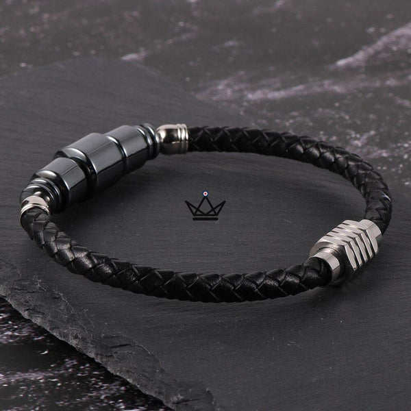 Bracelet en cuir tressé à fermoir magnétique - TITANIUM - - bracelet - Cadeau, Noël, Anniversaire, Original - Atelier Atypique