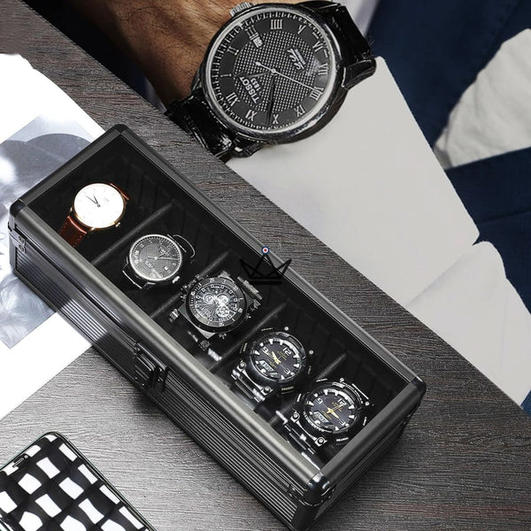 Luxus-Uhrenbox ORDO TEMPUS – Aluminium, 5 Fächer, Schwarz oder Grün, Schwarz