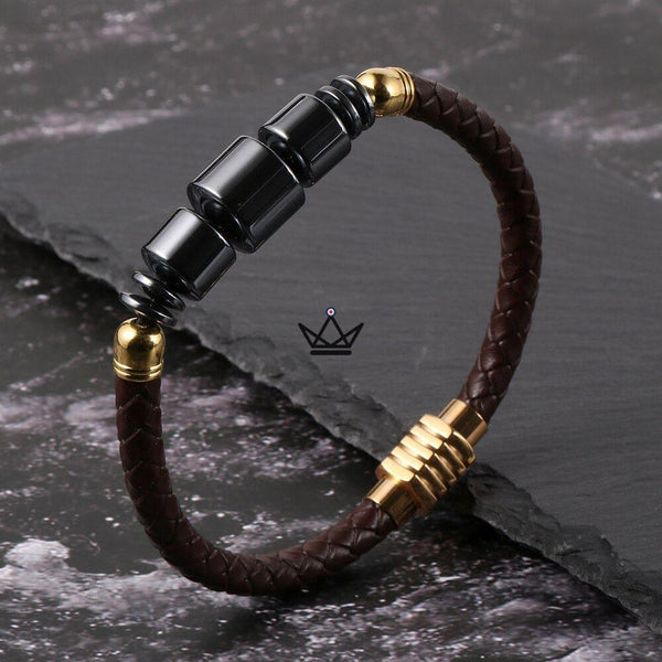 Bracelet en cuir tressé à fermoir magnétique - TITANIUM - - bracelet - Cadeau, Noël, Anniversaire, Original - Atelier Atypique