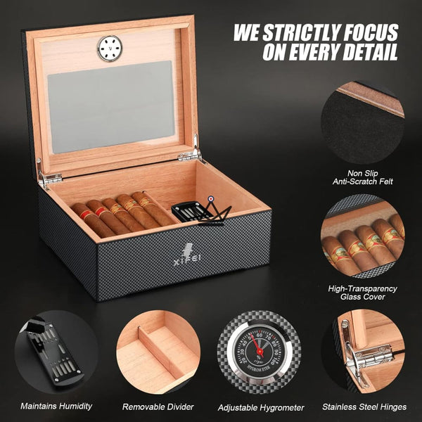 Cave Cigares Fibre Carbone avec accessoires, 60 cigares - SHADOW PRESTIGE