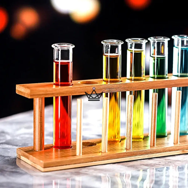 Portoir à éprouvettes en bois et éprouvettes en verre borosilicaté - CORNUE - ["maj-desc","maj-filtre","Objets Scientifiques"] - Objets Scientifiques - Cadeau, Noël, Anniversaire, Original, Fête des pères, fête des mères - Atelier Atypique