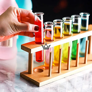 Portoir à éprouvettes en bois et éprouvettes en verre borosilicaté - CORNUE - ["maj-desc","maj-filtre","Objets Scientifiques"] - Objets Scientifiques - Cadeau, Noël, Anniversaire, Original, Fête des pères, fête des mères - Atelier Atypique