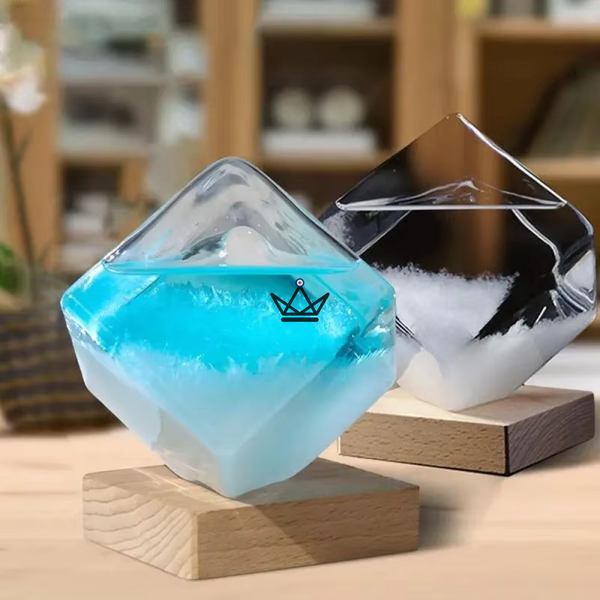 Baromètre à cristaux cube en verre sur socle bois - GIVRE