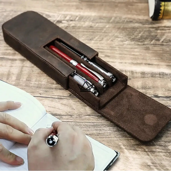 CONTACTS FAMILY Genuine Leather 3 Slots Pen Case With Removable Pen Tray Holder Pencil Case Men Woman Girls Office School Pouch - ["maj-filtre"] -  - Cadeau, Noël, Anniversaire, Original, Fête des pères, fête des mères - Atelier Atypique