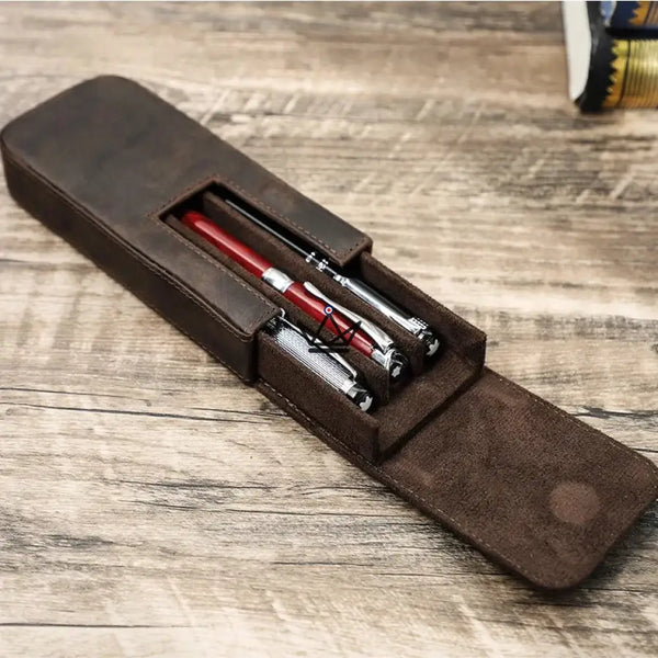 CONTACTS FAMILY Genuine Leather 3 Slots Pen Case With Removable Pen Tray Holder Pencil Case Men Woman Girls Office School Pouch - ["maj-filtre"] -  - Cadeau, Noël, Anniversaire, Original, Fête des pères, fête des mères - Atelier Atypique