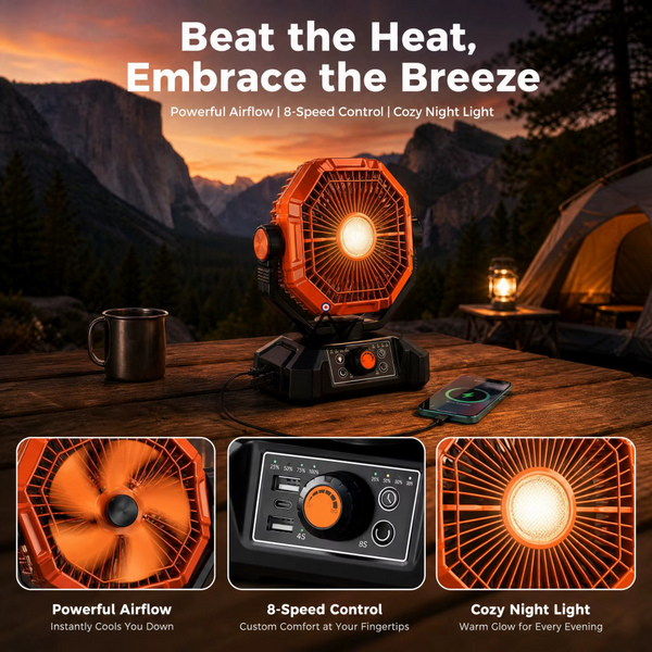 Ventilateur portable sur batterie NOELY — 20 000 mAh, LED & Power Bank