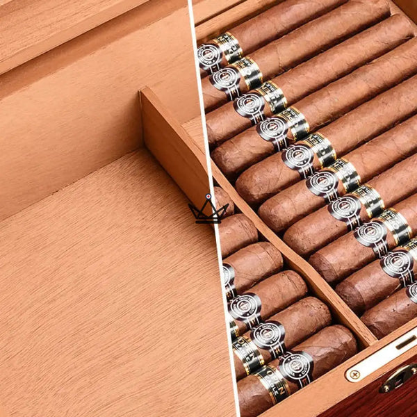 Cave à cigares Cèdre Aura — bois de rose & ormeau, 100 cigares, séparateurs cèdre ajustables, verrou doré