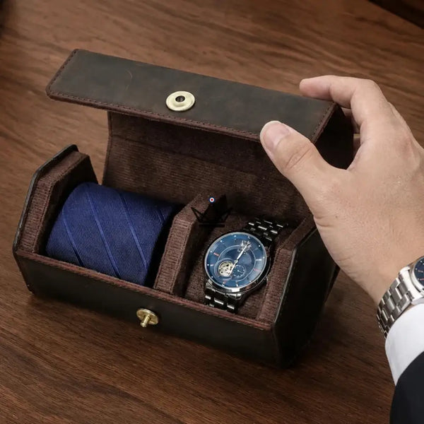 Étui voyage cuir personnalisable montre et cravate - Voyageur GENTLEMAN COMPACT