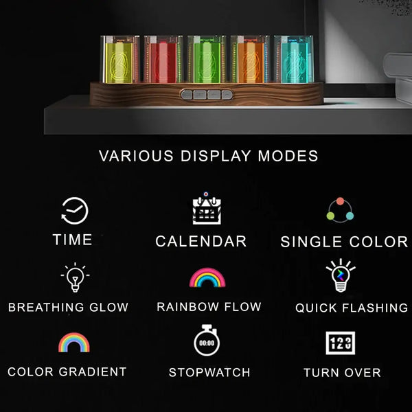 RGB-Nixie-Effekt-Uhr mit transparenten Röhren, ovaler Sockel – CHROMA
