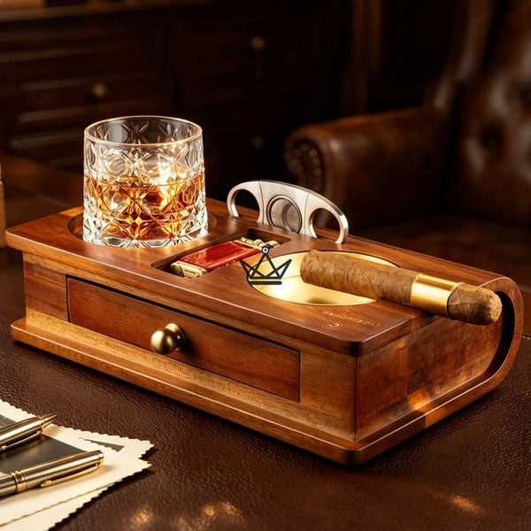 Cendrier Cigare Bois Massif Emplacement Whisky Tiroir - Whisky Butler